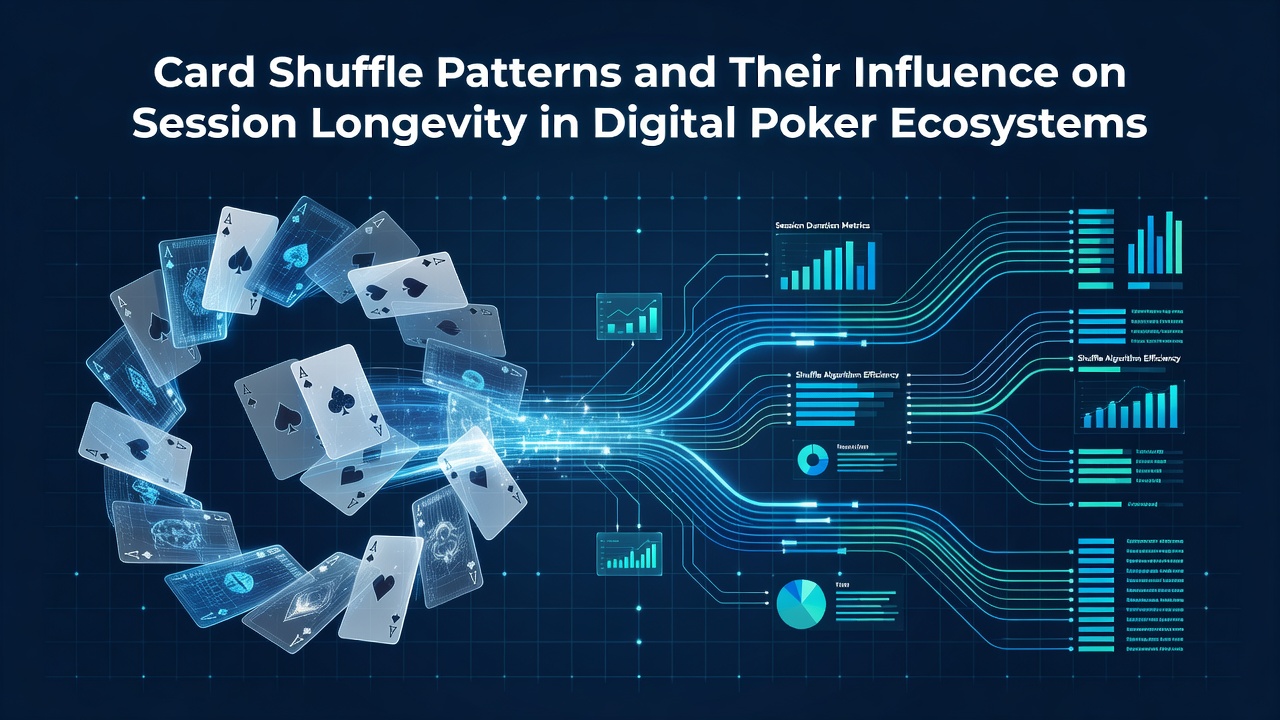 Digital poker interface displaying card shuffle animation with player session metrics overlay