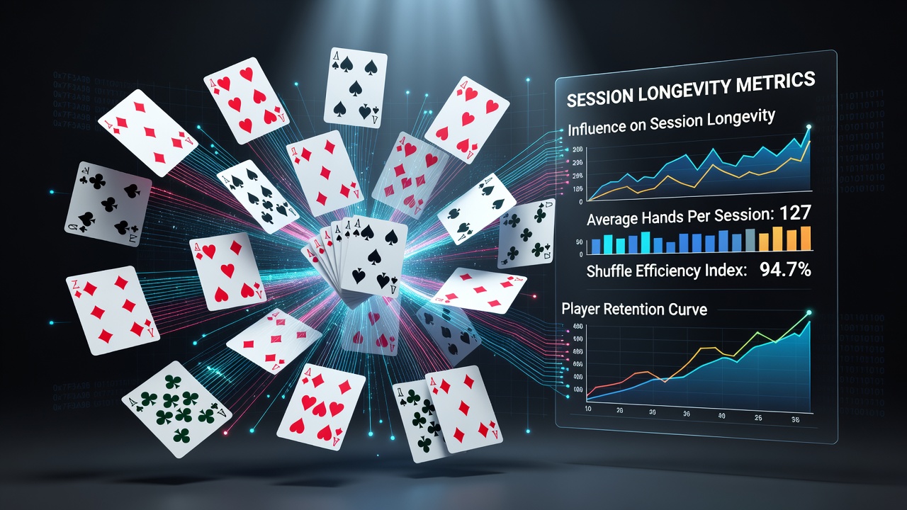 Analytics dashboard showing session duration graphs correlated with shuffle pattern variations in online poker