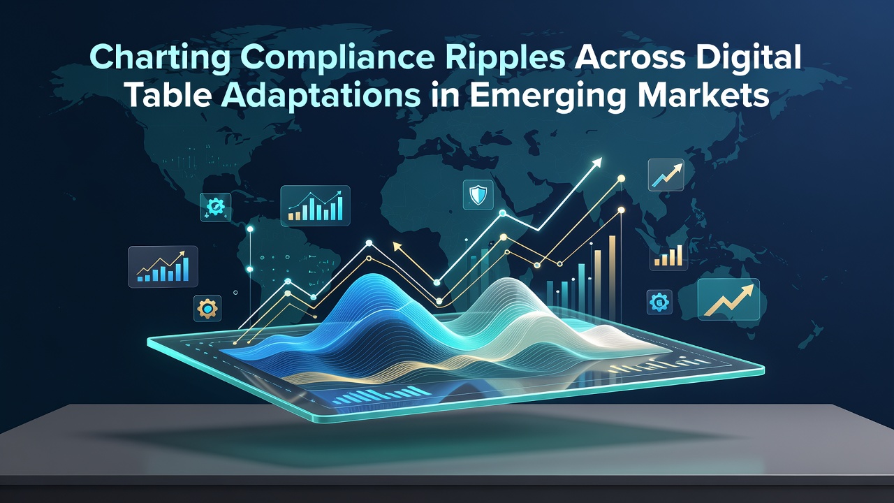 Digital table game interfaces displayed across multiple emerging market regions showing regulatory compliance layers