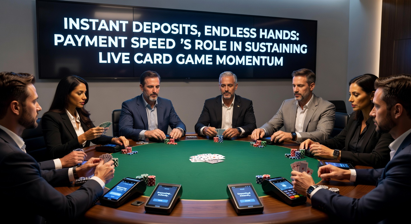 Dynamic live dealer table with cards in motion and instant deposit notification overlay, capturing the seamless flow of online card games