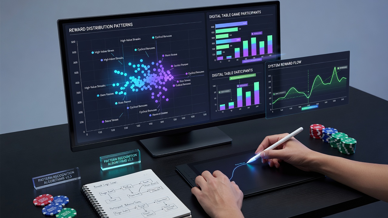 Digital table game interface displaying reward distribution patterns and player data analytics