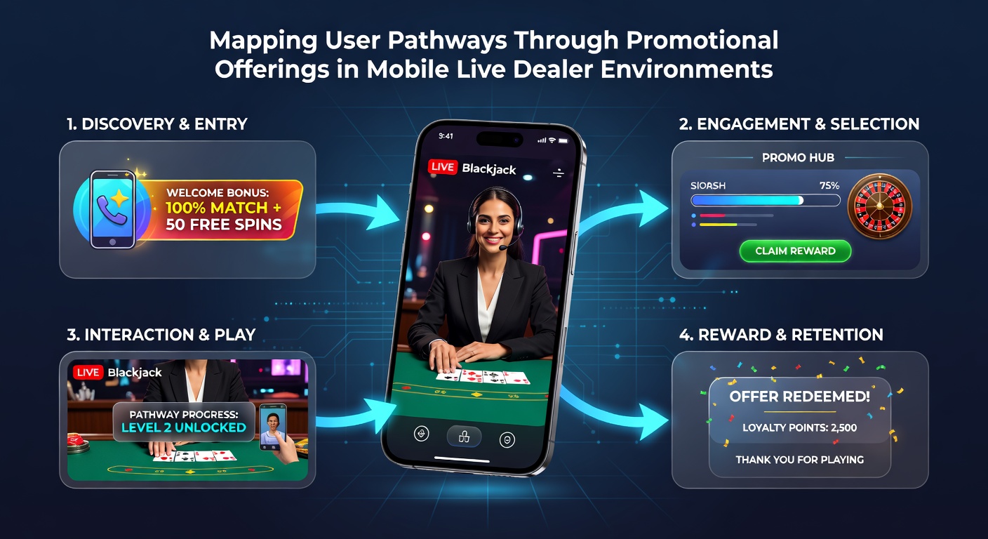 User journey flowchart showing promotional triggers and navigation steps in a mobile live dealer app interface