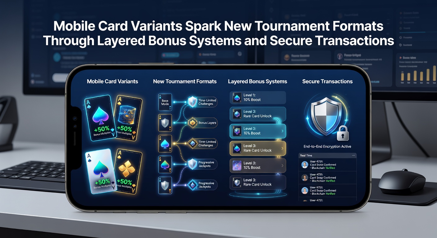 Close-up of secure mobile payment interface with encryption badges and transaction history logs visible alongside a card game tournament leaderboard