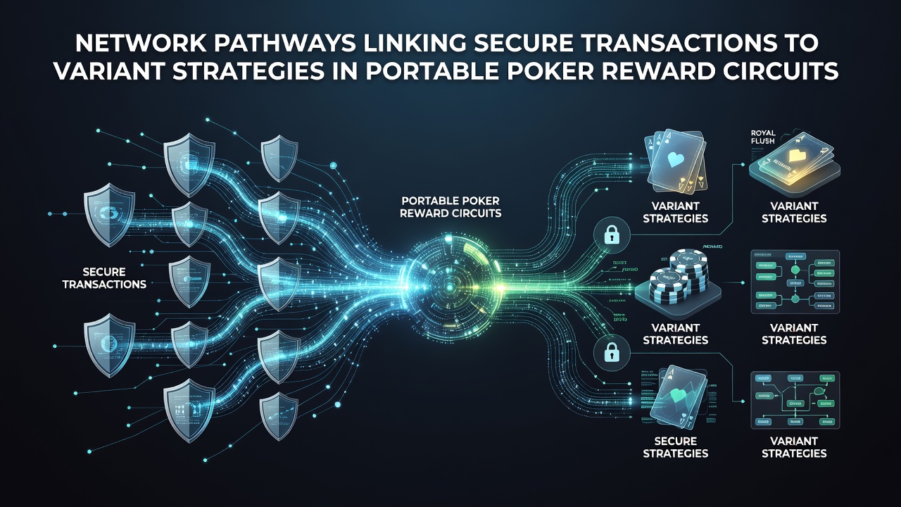 Network diagram showing secure transaction pathways connecting mobile poker reward systems