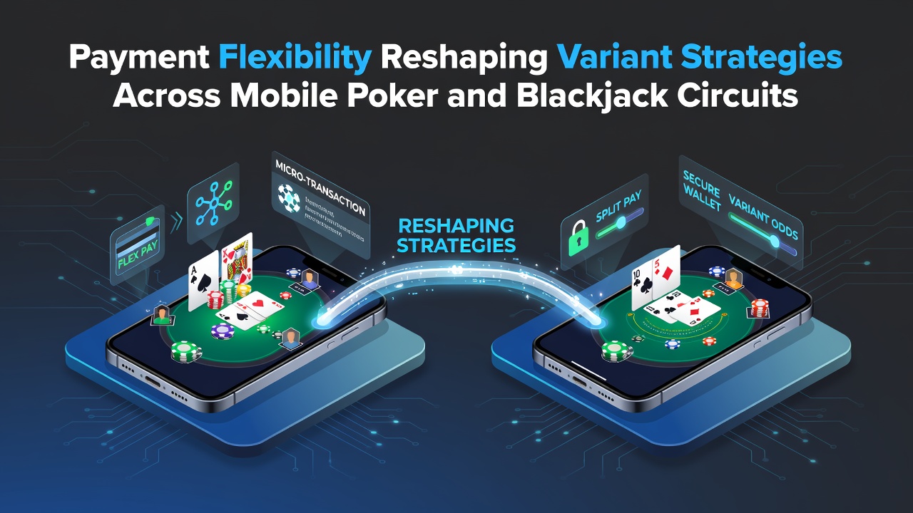 Mobile poker and blackjack players engaging with flexible payment interfaces on smartphones during live circuit events