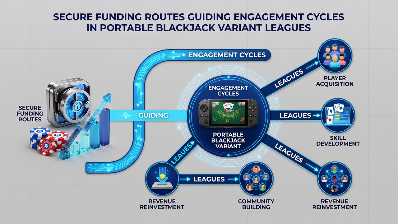 Secure transaction flow diagram overlaid on a portable blackjack league interface showing funding routes and engagement metrics