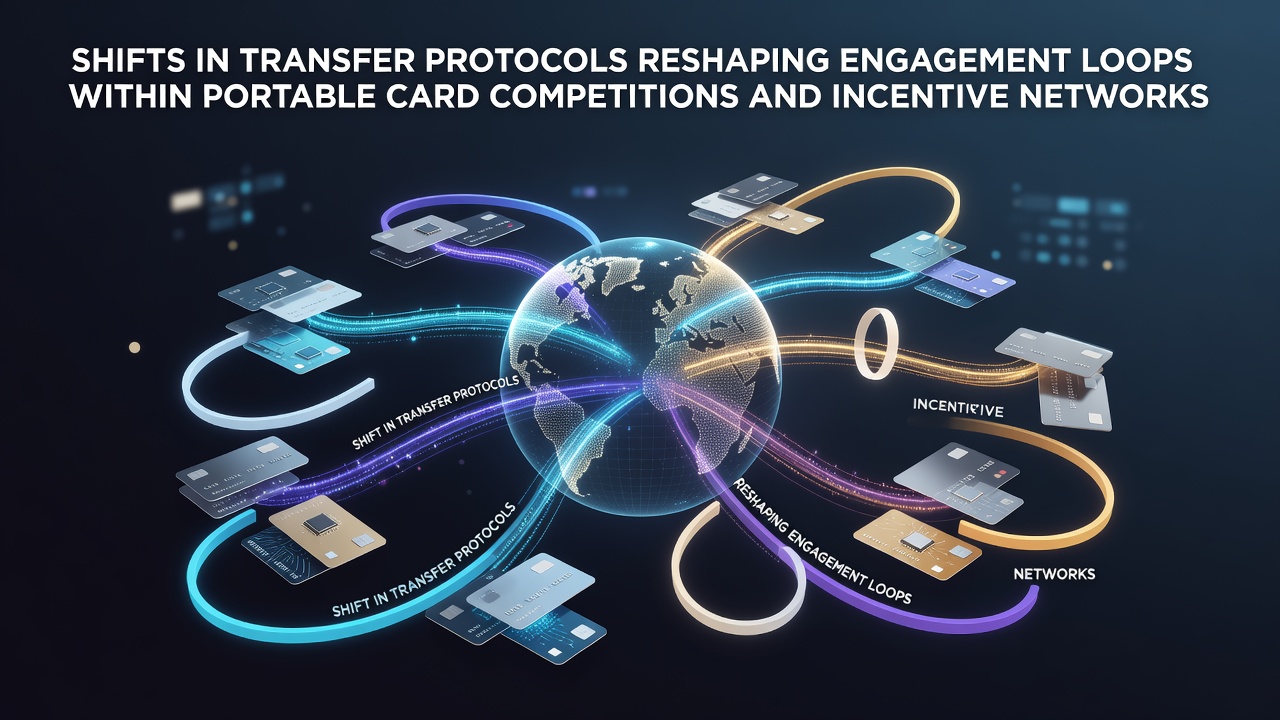 Illustration of mobile card game interfaces displaying real-time transfer protocols and reward accumulation in portable competitions