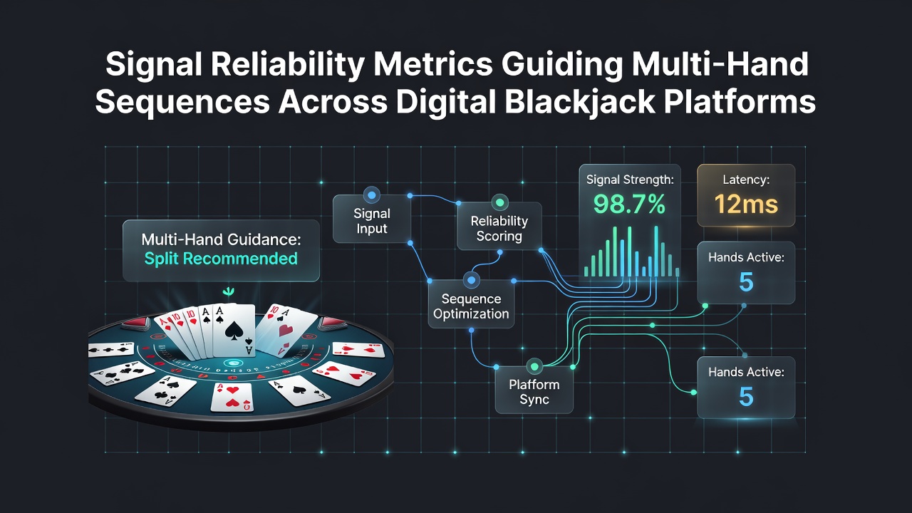 Digital blackjack interface showing multiple active hands with network signal indicators overlaid on the screen