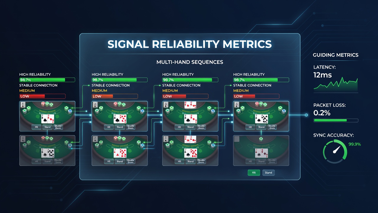 Server rack visualization with overlaid latency and packet-loss graphs tracking multi-hand blackjack traffic