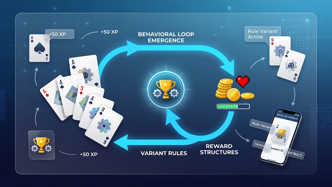 Mobile app interface displaying card game variants with reward notifications and progress indicators