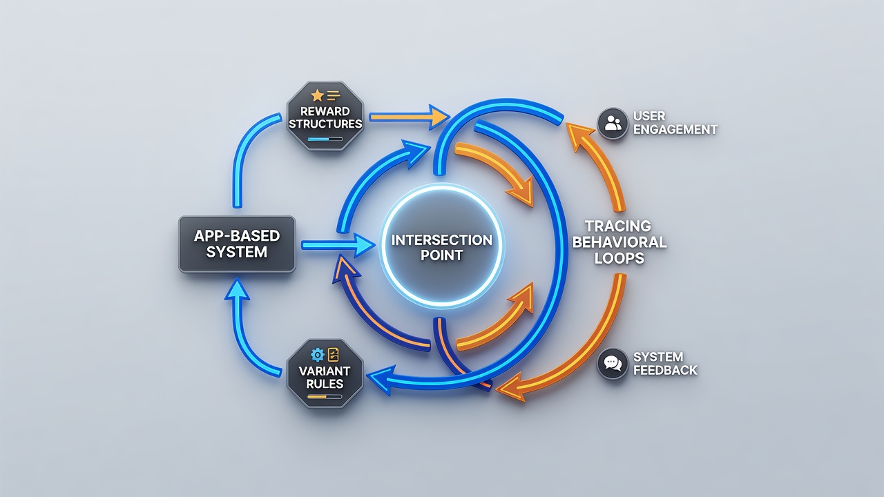 Diagram illustrating feedback cycles between player actions, reward triggers, and evolving card game rules in mobile sessions