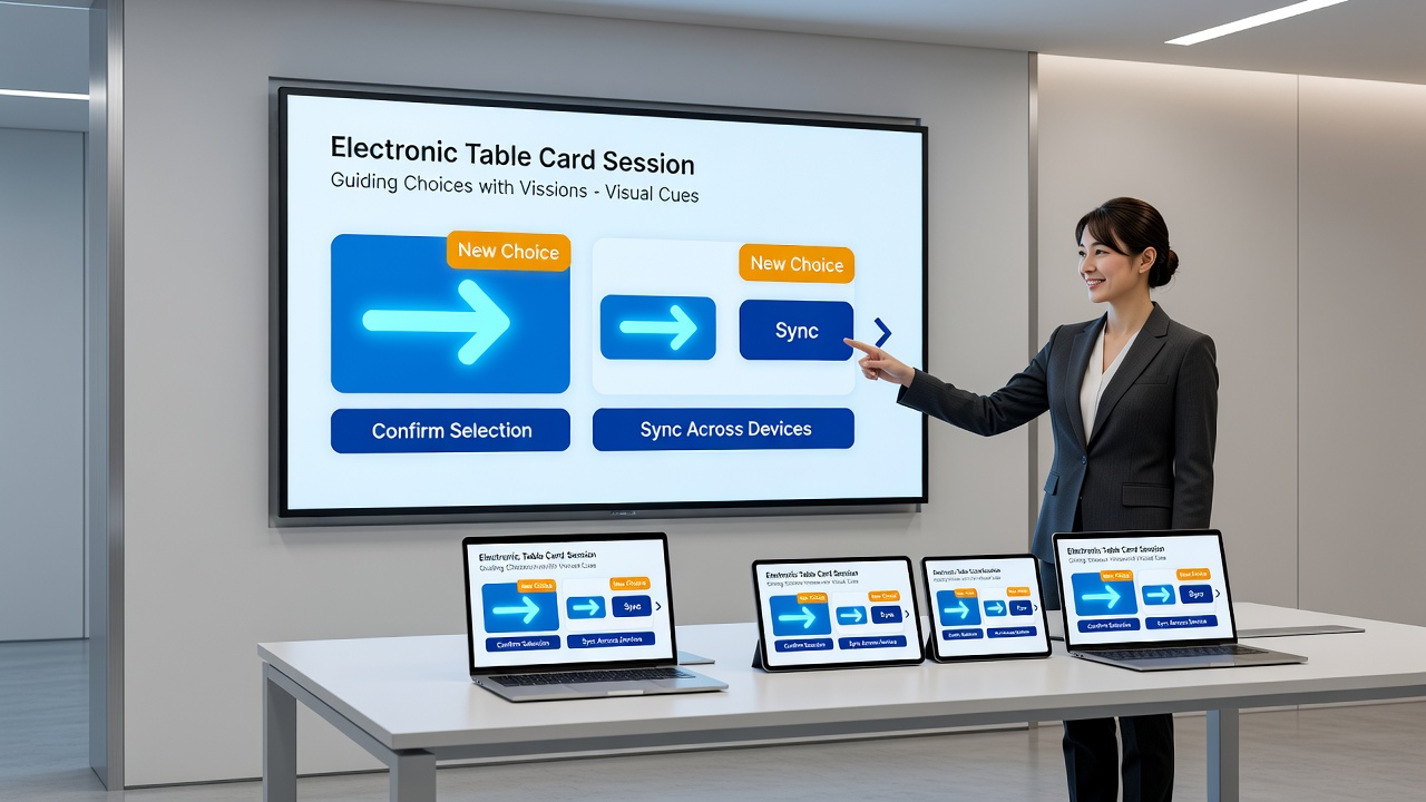 Close-up of interactive card highlights and animated betting prompts in an electronic table session viewed on tablet and phone