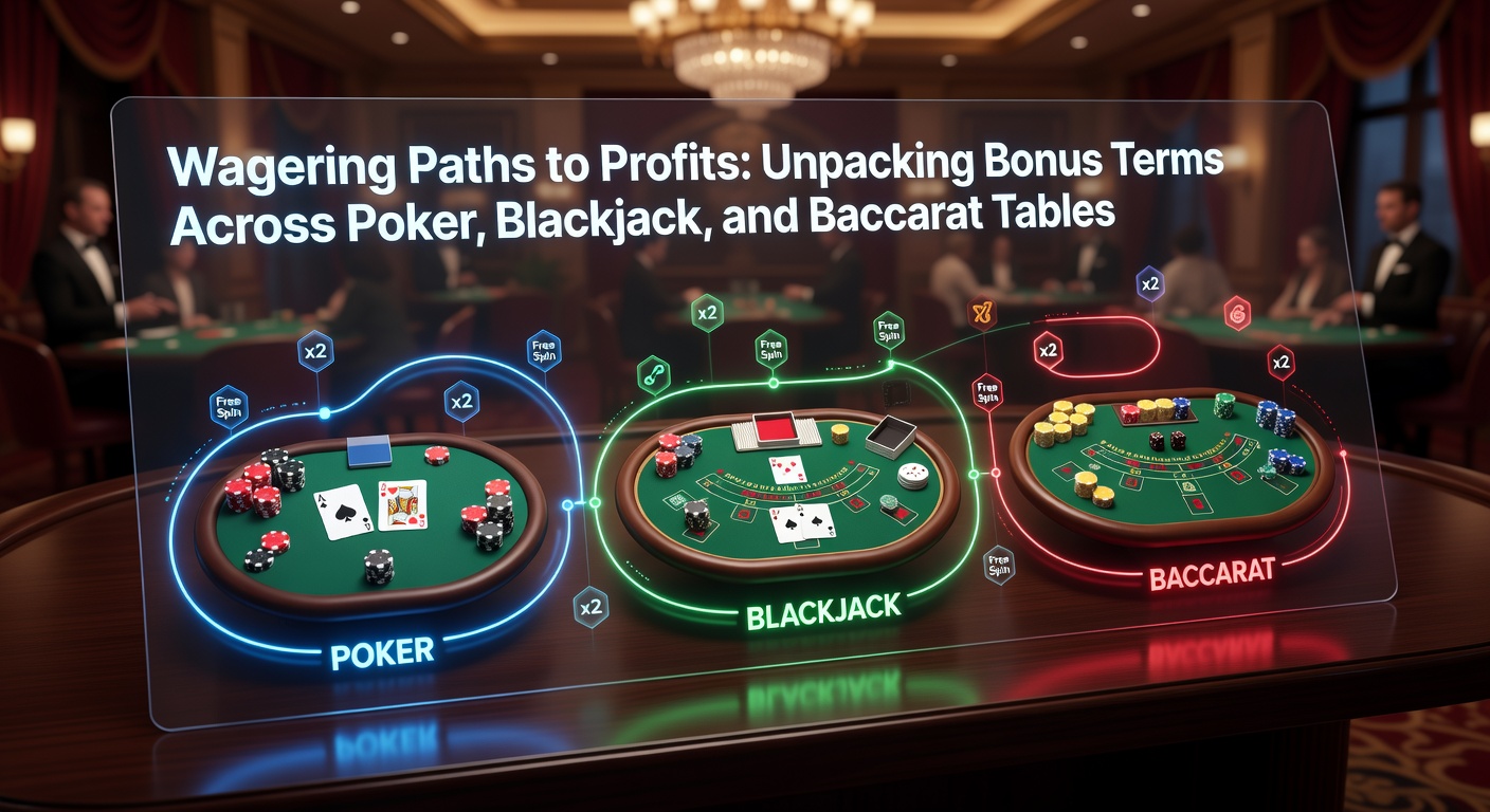 Digital illustration of poker chips, blackjack cards, and baccarat shoes stacked with glowing bonus icons and wagering paths leading to profit symbols, evoking strategic casino gameplay